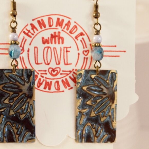 Brass Hand Embossed Earrings Blue Czech Glass Earrings Patina Brass Earrings - Picture 4 of 9